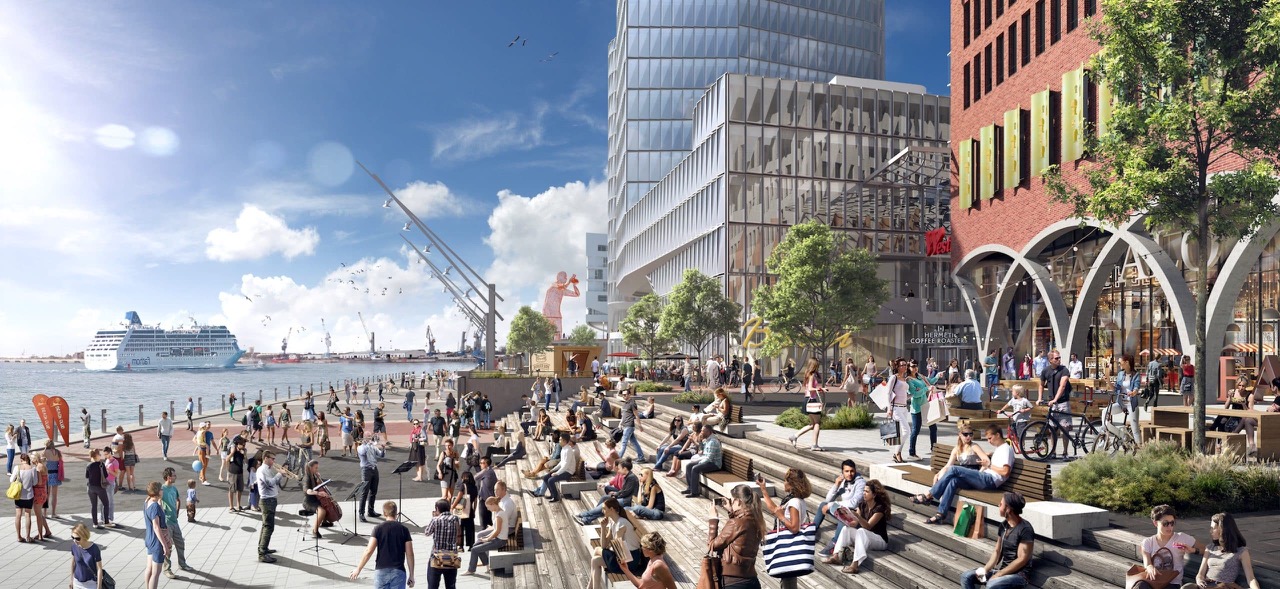 Eingangsbereich und Umgebung des Westfield Überseequartiers in Hamburg.